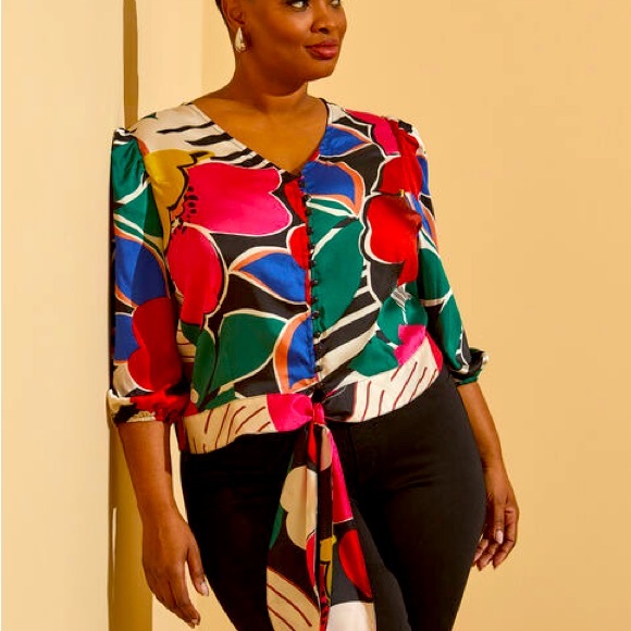 Ashley Stewart Belted Floral Print Satin Blouse 18/20 - Picture 1 of 9